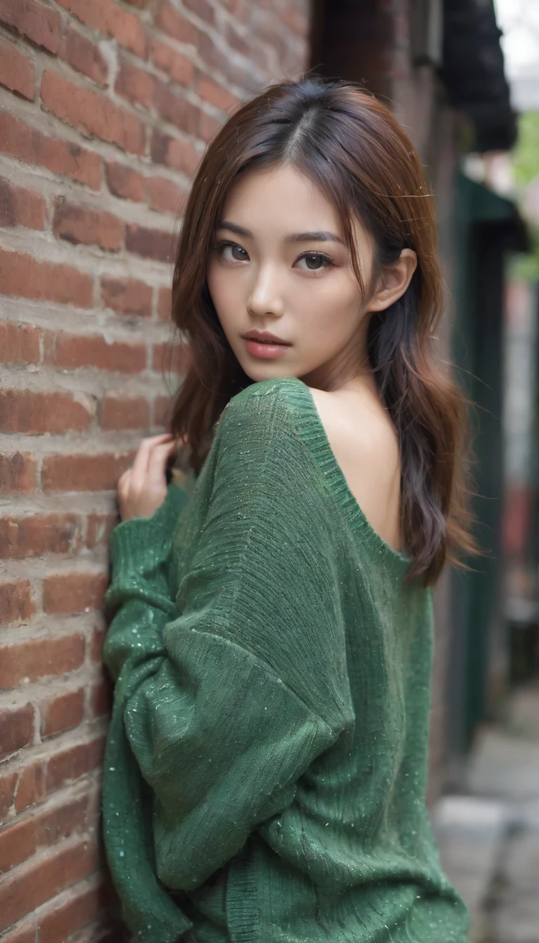 (best quality, 8k, hd, masterpiece: 1.1), (hyper realistic, super detailed, extreme realism: 1.7), (photo realistic: 1.5), sharp focus, (Asian model: 1.9), Asian woman, portrait photography, lens flairs, f/2.0, beautiful face, delicate eyes, cleavage, (wet green mud dripping down head: 1.1), (Canon50: 1.9), film photograph, (oversized sweater: 1.5), alleyway, brick alley, brick wall, posing for photograph, sexy, alluring, sultry, begging