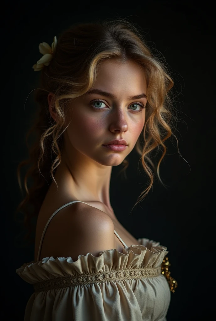Photorealism、(black background!!!!!), Highest quality、Ultra-high resolution、The most beautifu gorgeous!!!!!!!! young!!!!! 18!!!! year old girl、(very extremely!!!!!! beautiful!!!!!!! gorgeous!!!!!!!!!! highly detailed 18!!!!!!! year old young face). (tiny!!!!! flat!!!! Breasts) .(Translucent white!!!!! skin!!!!!). german!!!!!, Big bright blue eyes. wavy curly hair. (body half in shadow!!!!!!), ( beautiful detailed medieval dress with details), (bright topdown!!!!!! light!!!!!), (dark shades!!!!!!), contrapposto!!!!!!!!!!!!!!!!!, (receding into the dark!!!!!!!!!!!!), (tilted!!!!!!! head!!!!!!!),