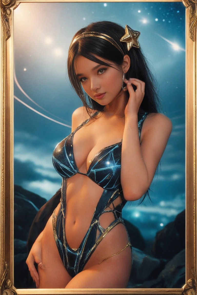 Highest quality, masterpiece, Realistic, High resolution, 8K RAW Photos, 1 person, Browsing Caution、Medium Long Hair、Star-decorated headband、((Glamour body:1.3))、(Blue casual dress with space and star print、Gold border)、(((Cheeky Pose)))、(Hill where you can see the night sky)、(UFO in the starry sky:1.2)