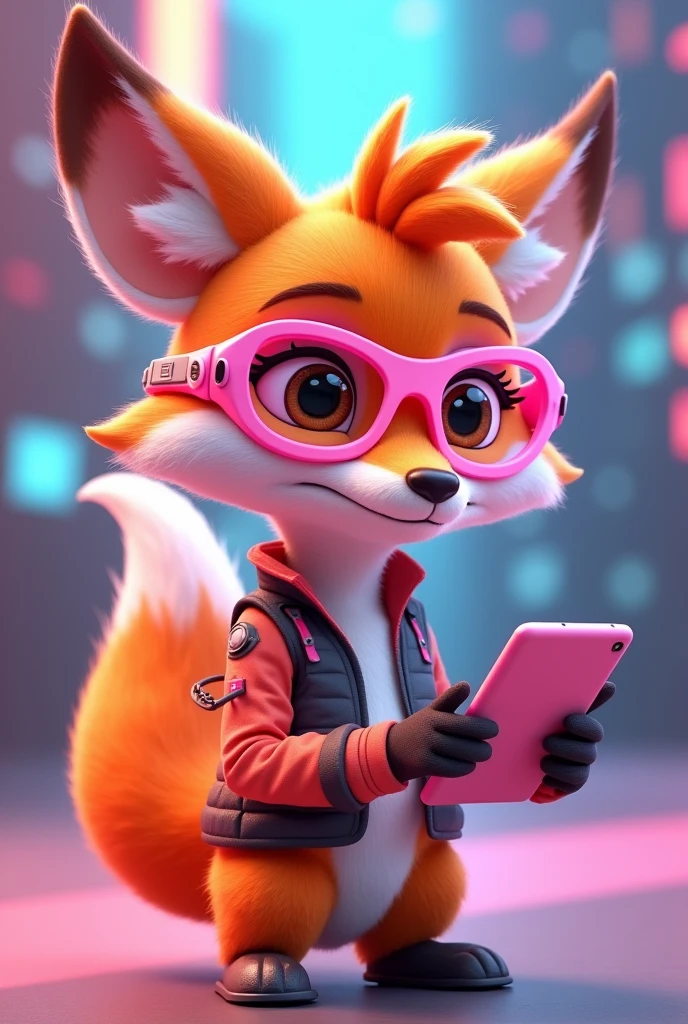 Create a 3D Disney Pixar style fox named Techie Fox. She must exude a curious personality, innovative and enthusiastic, perfect for a section dedicated to technology and gadgets.
colors: Vibrant shades of orange and white, with pink details and accessories to maintain cohesion with the other mascots.
Accessories:
futuristic glasses: Tech glasses with a modern design and pink details.
technological clothing: A stylized vest or jacket with pink accents and digital or technological patterns.
Technology Equipment: May be holding or interacting with gadgets like a tablet, smartphone or a technological device with pink details.
Expressions: Enthusiastic smile and bright eyes, with an expression of curiosity and excitement that conveys innovation and passion for technology.
Activities and Poses:
Exploring Technology: Interacting with gadgets, such as showing a tablet or smartphone with a technological interface.
Technology Tips: Pointing to a board with tips on new gadgets, technological tricks or trends.
Innovating: Perhaps demonstrating the use of a futuristic gadget or helping to set up a device.
Interactivity on the Website:
Hover animations: Animated movements like showing the screen of a gadget, blink your eyes to simulate interaction with technology, or rotate a device.
Technological Messages: Friendly messages with tips on new gadgets, applications and technological trends.