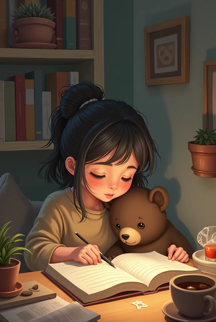 I need a lofi image where a young girl studies inside her room and has a bear cub next to her