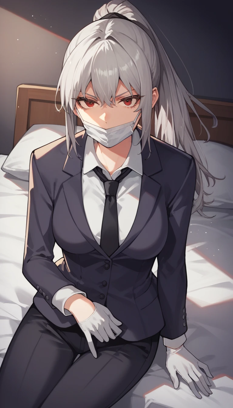 score_9, score_8_up, score_7_up, source_anime, 1girl, red eyes, room, wariza, ponytail, grey hair, Frowning face, serious face, portrait, blazer, starshadowmagician, solo, Adult woman, best perfect anatomy, thin, curvy body, medium breasts, curvy body, close up shot on person, a woman showing disappointed, lonely woman, a woman sitting in bed, white shirt, black tie, format black vest, Long-sleeved shirt, black trousers, white gloves, wear a white surgical mask, dynamic angle. no light source, dark background, night days, dark hotel bedroom background,