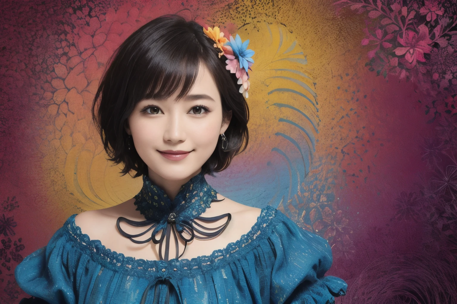 273 (20-year-old woman,short hair), (beautiful:1.2), (Fractal Art:1.1), (flower:1.3), whole body, (Abstract background:1.3), (Many colors:1.4), (Old-fashioned smile), (Hawaii), (Wave:1.1)