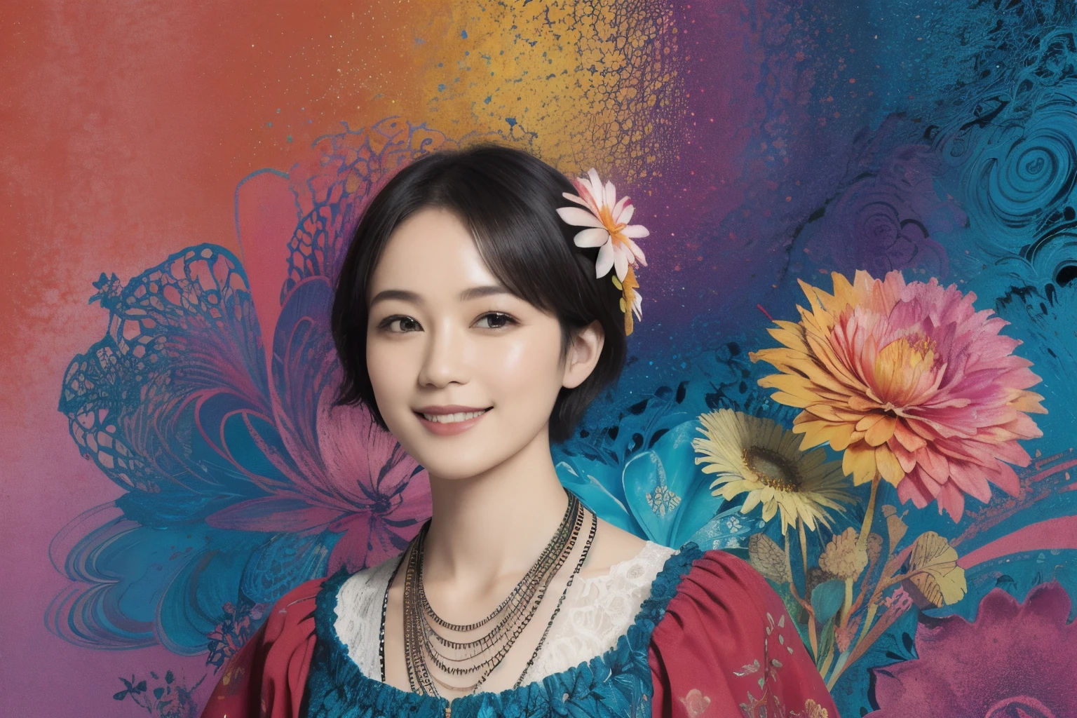 273 (20-year-old woman,short hair), (beautiful:1.2), (Fractal Art:1.1), (flower:1.3), whole body, (Abstract background:1.3), (Many colors:1.4), (Old-fashioned smile), (Hawaii), (Wave:1.1)