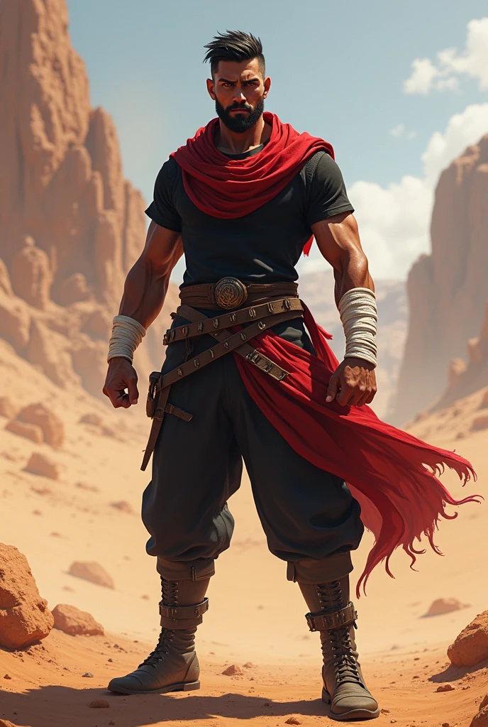 male gender, black short hair, short beard, Eyes red, brown skin color.
Wears white bands tied around his arms.
His outfit is a black t-shirt, black pants, leather boots, long red scarf.
medium muscle shape.
is in a fighting position.
the background is in the desert.
