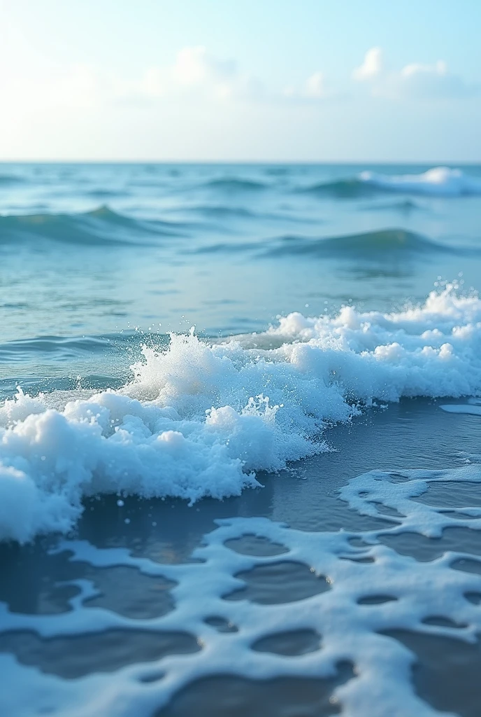 An ocean with gentle waves, its waves cause white foam over the ocean, these foams draw molecules of carbons and oxygen and hydrogen and chemical molecules and atoms