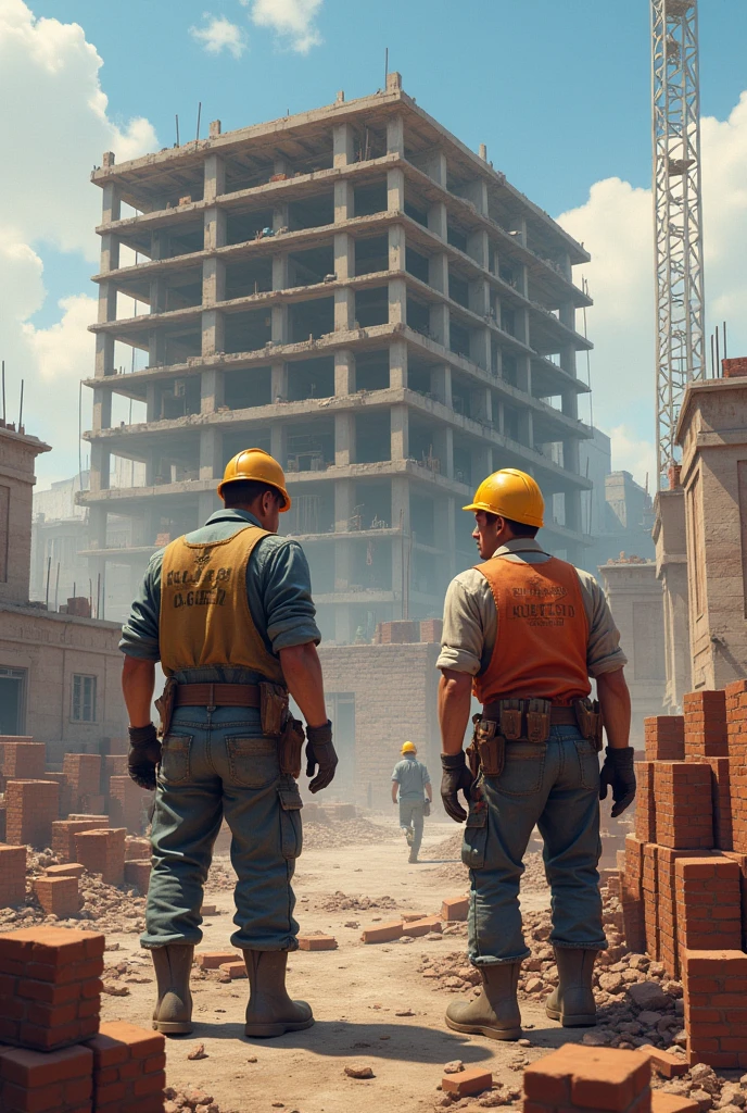 Construction, with bricklayer and laborer dressed appropriately working hard and truly to build a beautiful building