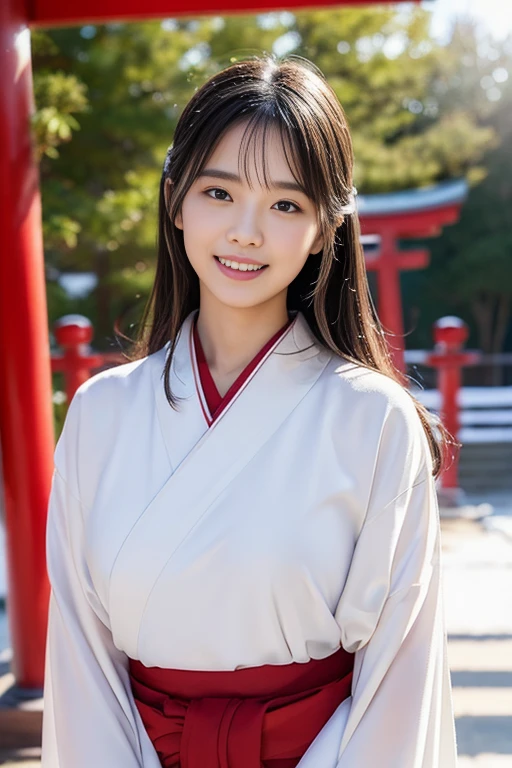 Fair skin,8k,Ultra-high resolution,Super detailed,Highest quality,Look at the viewers、Perfect lighting,flat light,super high quality,Ultra-high resolution,masterpiece,Realistic,Detailed face,Perfect Anatomy,Slender body、Young face、smile、Sweating、Flushed Cheeks、shrine、Clear winter weather、Leaves falling off the trees、Snow Scene、Plants covered in snow、Japanese Clothing、Plain white kimono、Skirt portion is red、Shrine maiden、Standing in front of the torii gate with the shrine behind、 , Nice and cute, 無邪気なsmile, , 素敵なsmile, (A big bust that seems to burst:1.20),(Beautiful Big 1:1)、Beautiful Eyes、((Please show me your chest))