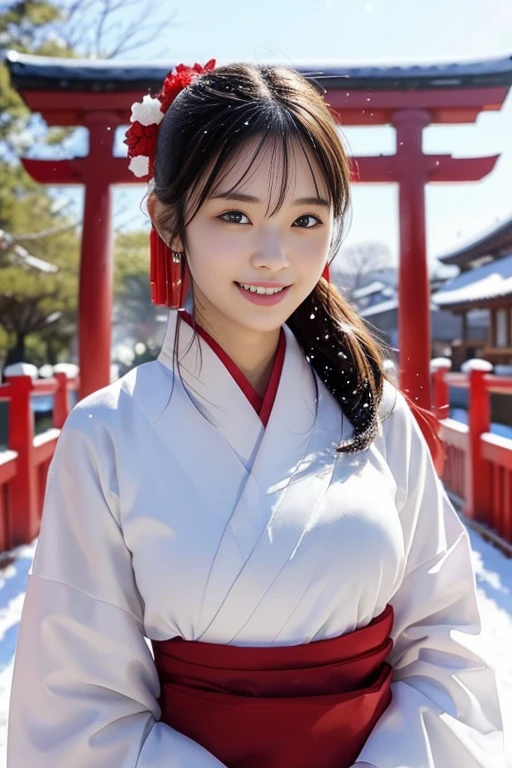 Fair skin,8k,Ultra-high resolution,Super detailed,Highest quality,Look at the viewers、Perfect lighting,flat light,super high quality,Ultra-high resolution,masterpiece,Realistic,Detailed face,Perfect Anatomy,Slender body、Young face、smile、Sweating、Flushed Cheeks、shrine、Clear winter weather、Leaves falling off the trees、Snow Scene、Plants covered in snow、Japanese Clothing、Plain white kimono、Skirt portion is red、Shrine maiden、Standing in front of the torii gate with the shrine behind、 , Nice and cute, 無邪気なsmile, , 素敵なsmile, (A big bust that seems to burst:1.20),(Beautiful Big 1:1)、Beautiful Eyes、((Please show me your chest))