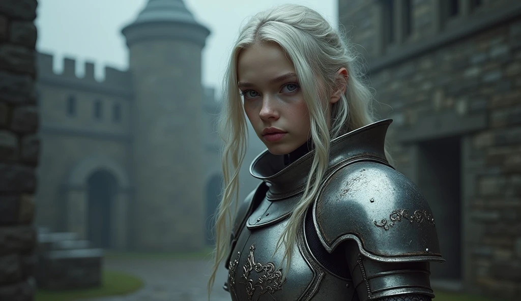 ((best quality)), ((masterpiece)), (detailed),beautiful girl, perfect face, beautiful eyes, lips, pale skin, wearing knight armor, dark atmosphere, stone buildings background