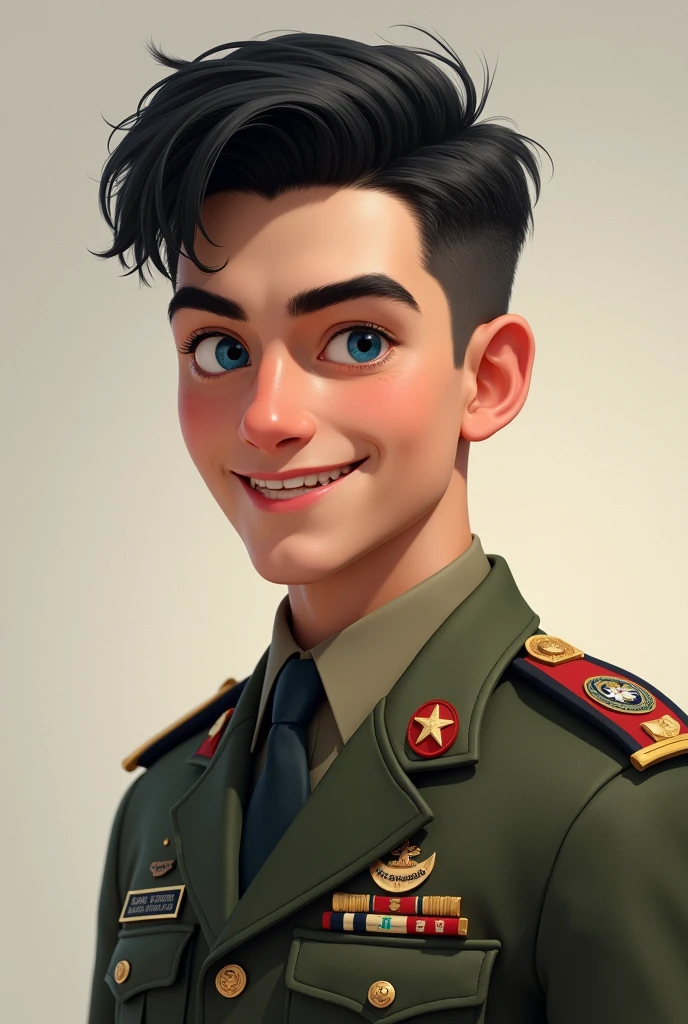 create a realistic image of an eighteen-year-old military man with black hair and blue eyes, smiling and cheerful