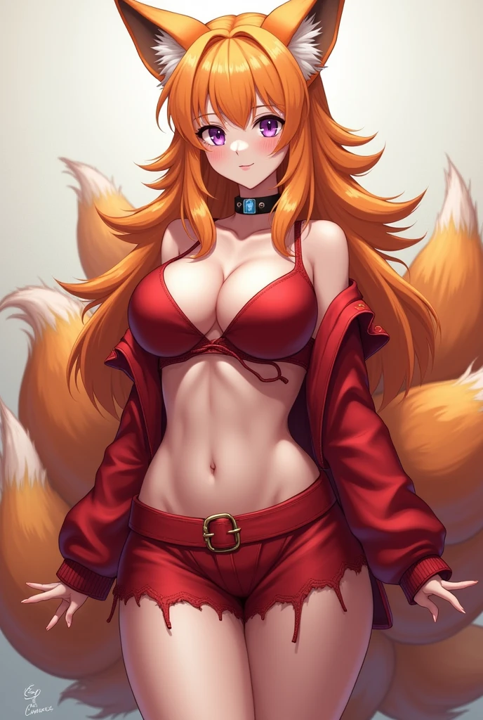 masterpiece, best quality, highres, ah3, kushina_uzumaki, facial mark, long hair, red hair, blue eyes, (((red multiple tails, red fox ninetails, red fox ears))), magical girl, naked body, slim body, large breasts, front view, bracelet, necklace, hair clip, sexy pose, smile, standing, fire forest, (((holding a perfect fireball in one hand)))