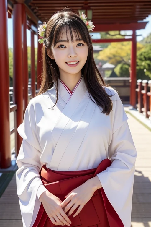 Fair skin,8k,Ultra-high resolution,Super detailed,Highest quality,Look at the viewers、Perfect lighting,flat light,super high quality,Ultra-high resolution,masterpiece,Realistic,Detailed face,Perfect Anatomy,Slender body、Young face、smile、Sweating、Flushed Cheeks、shrine、Clear winter weather、Leaves falling off the trees、Snow Scene、Plants covered in snow、Japanese Clothing、Plain white kimono、Skirt portion is red、Shrine maiden、Standing in front of the torii gate with the shrine behind、 , Nice and cute, 無邪気なsmile, , 素敵なsmile, (A big bust that seems to burst:1.20),(Beautiful Big 1:1)、Beautiful Eyes、((Please show me your chest))