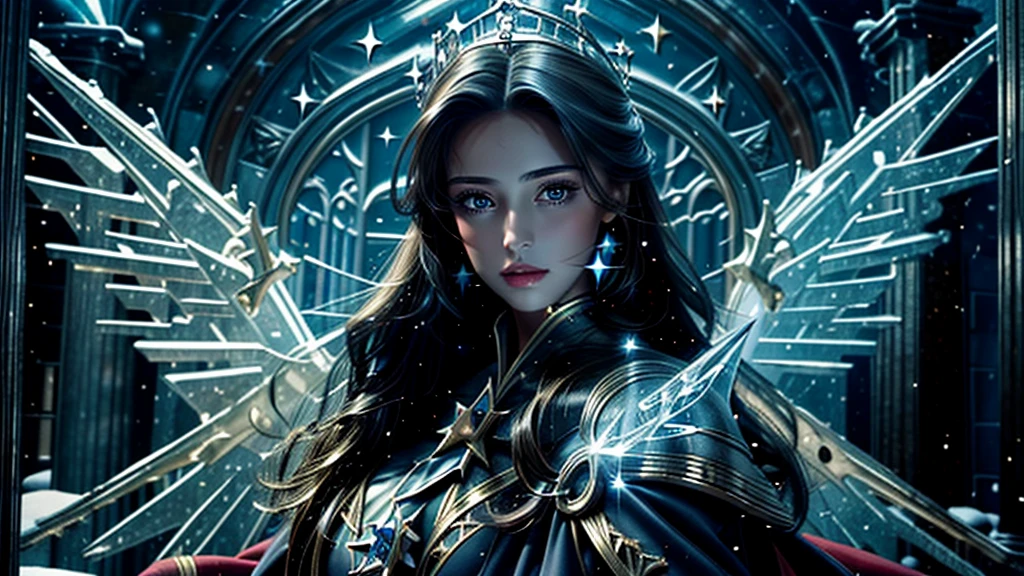 masterpiece, Realism, best quality, Very detailed, Super real, 16K, high resolution, castle，snow, ((Starry Sky)),Female Mage，Gorgeous robe，Complex Mode，Pretty Face，Closed mouth，dramatic，Upper Body，Glowing scepter，Glowing Wings，Large 