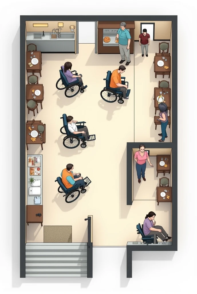 An image of a restaurant floor plan showing the reasonable adjustments required to meet the rights of people with disabilities, such as a disabled bathroom, disabled ramps, and a Braille menu with parking.