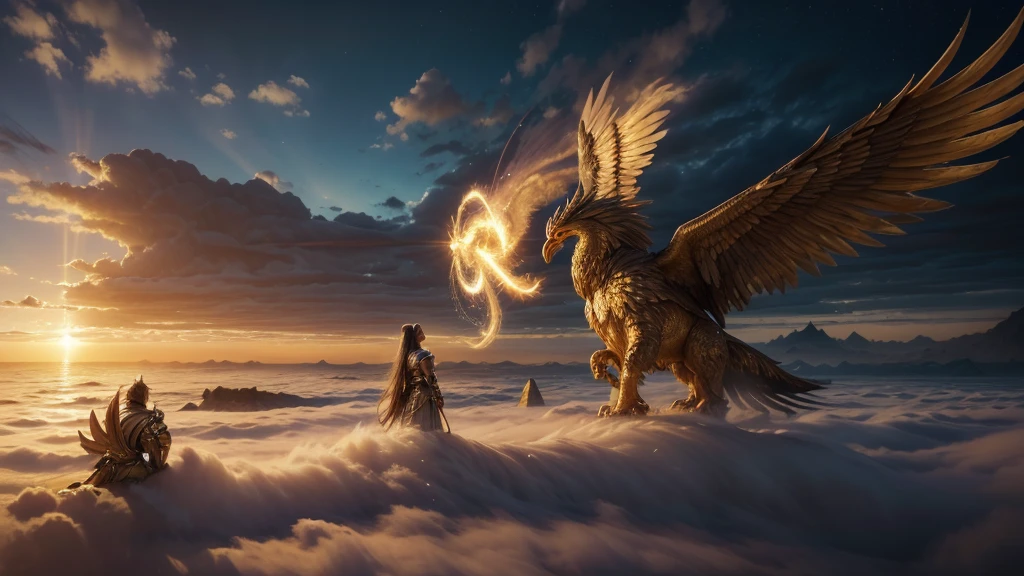 The image depicts an epic and dramatic fantasy scene. In the center, a colossal golden-winged creature, resembling a phoenix or a divine bird, is soaring majestically through the sky. Its wings are spread wide, casting radiant beams of golden light that pierce through the thick, tumultuous clouds. The light illuminates the scene, creating a powerful and almost holy atmosphere. Below, two armored figures stand on the ground, gazing up at the creature in awe. They appear to be warriors, possibly on a quest or preparing for a significant battle. Their surroundings are dominated by a massive, ancient-looking stone structure, adorned with intricate carvings and symbols. The structure towers over the landscape, adding to the grandeur and mystique of the setting. The sky is filled with swirling clouds, and the entire scene is bathed in a warm, golden hue, emphasizing the otherworldly and awe-inspiring nature of the moment. The image evokes a sense of epic confrontation, divine intervention, or a climactic moment in a larger narrative.