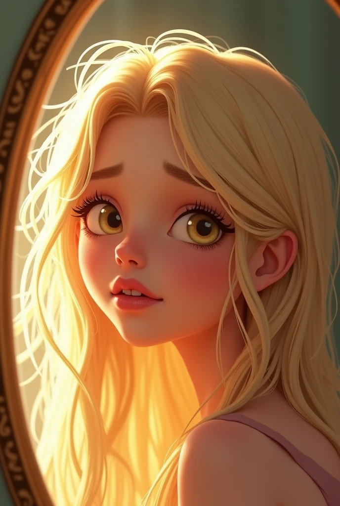 Her character is brushing her long, tousled brown hair in front of a mirror, her yellow eyes reflecting a serene morning glow. The character has long,and very blond  straight, messy hair, bright yellow eyes, snow-white skin, a perfect and delicate face, she is very beautiful and is 25 years old, make the image in the Pixar style Disney, in 9:16 format.