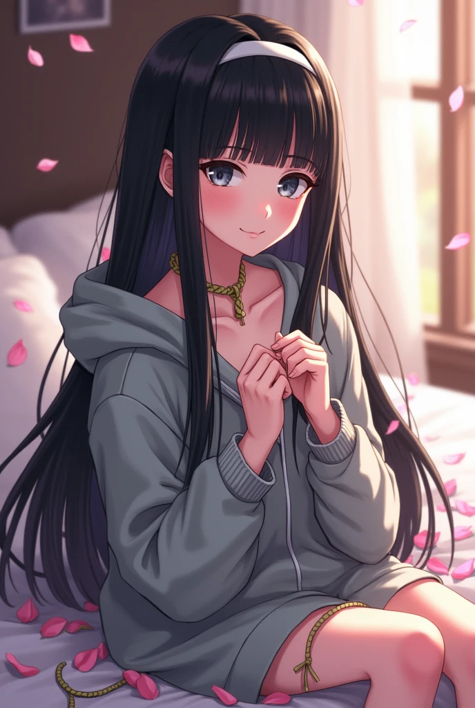 beau, master piece, beste-Qualit, extremely detailed face, perfect lighting, 1fille, hinata, hyuuga hinata, frange, empty_eyes, black_hair, blunt_bangs, yeux gris, manches grises, headband_around_neck, hauts, coupe hime, hooded_cardigan, manches longues, looking_at_viewer, petals, sourire, solo, cheveux raides, haut du corps, hooded jacket, corps parfait, sur u' lit, avec en train de rougir et de sourire,Sitting position,tight tied up hand with rope.