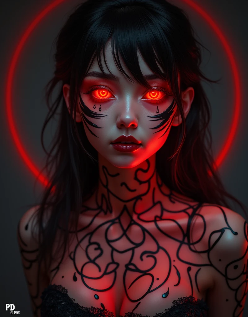 An eye-level portrait of a dark-haired woman with long black hair, her eyes are glowing a vibrant orange. Her face is adorned with black swirls, adding a pop of color to her body. The woman's upper body is covered in a black and white patterned design, while her arms and shoulders are adorned with a black design. The background is a dark gray, with a red circle in the upper left corner of the frame. A small white logo with the letters PDA is visible in the bottom left corner.