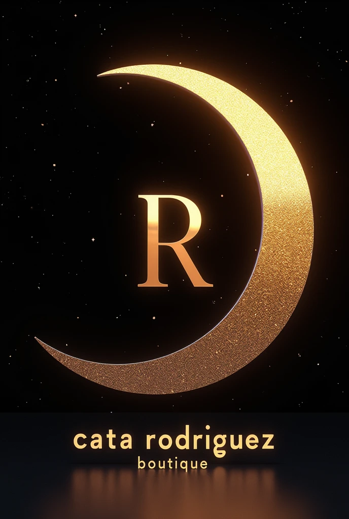 A golden crescent sci-fi moon with stars, In the middle the letter R and at the bottom the phrase CATA RODRÍGUEZ BOUTIQUE 