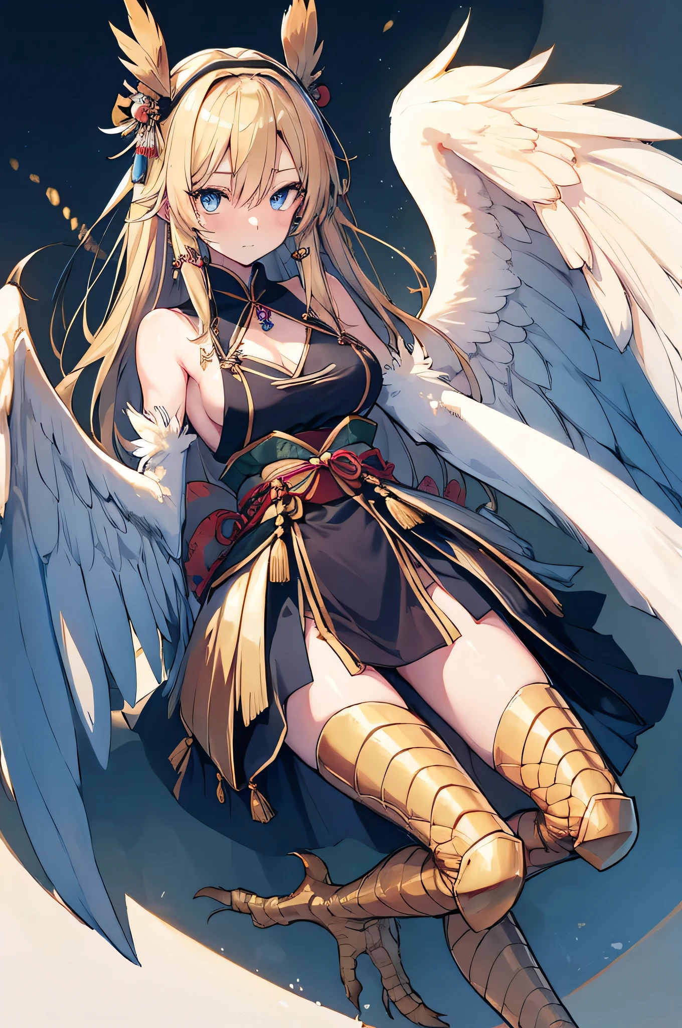 4K,High resolution,One Woman,Harpy,bionde,long hair,Blue eyes,Big Breasts,White Wings,Golden toenails,Samurai,白色のSamuraiの鎧,Sideboob,Full Armor,hair band,Jewelry decoration,Medieval village