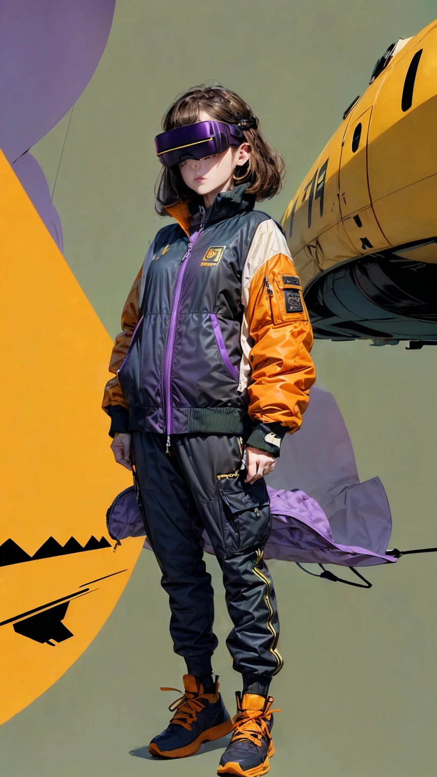 full body image, (ultra detailed,ultra high resolution,detailed background),((2d)),((flat color)),((dull color)), 1solo leaving the fog:1.5, looking at the viewer, baggy flight suit, oversized bomber jacket with sheepskin collar, (yellow, violet, cian, green, orange:1.3), plush collar, full body image, use VR glasses, ((Baron&#39;s Desert Intricut Fund)), ((apocalyptic city)), full body in frame, ((drone next to her))