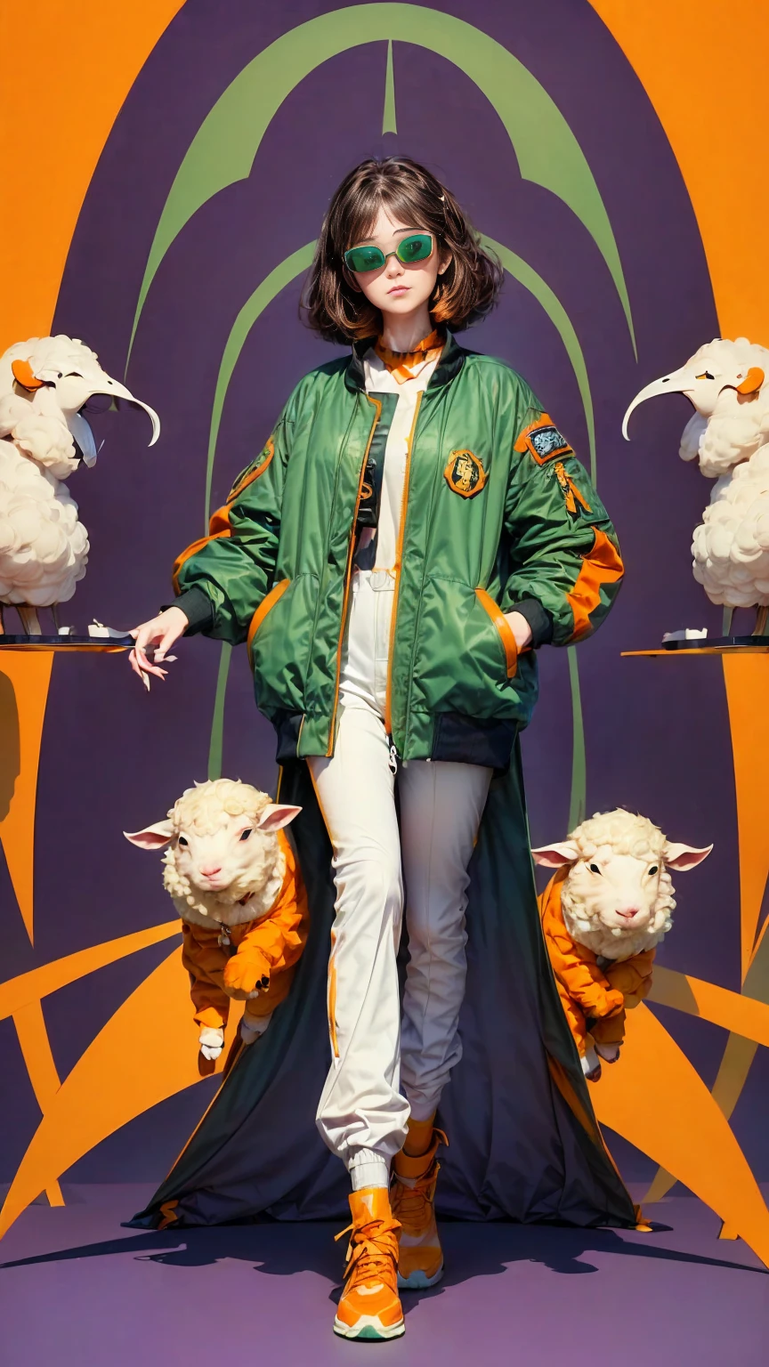 full body image, (ultra detailed,ultra high resolution,detailed background),((2d)),((flat color)),((dull color)), 1solo leaving the fog:1.5, looking at the viewer, baggy flight suit, oversized bomber jacket with sheepskin collar, (yellow, violet, cian, green, orange:1.3), plush collar, full body image, use VR glasses, ((Baron&#39;s Desert Intricut Fund)), ((apocalyptic city)), full body in frame, ((drone next to her))