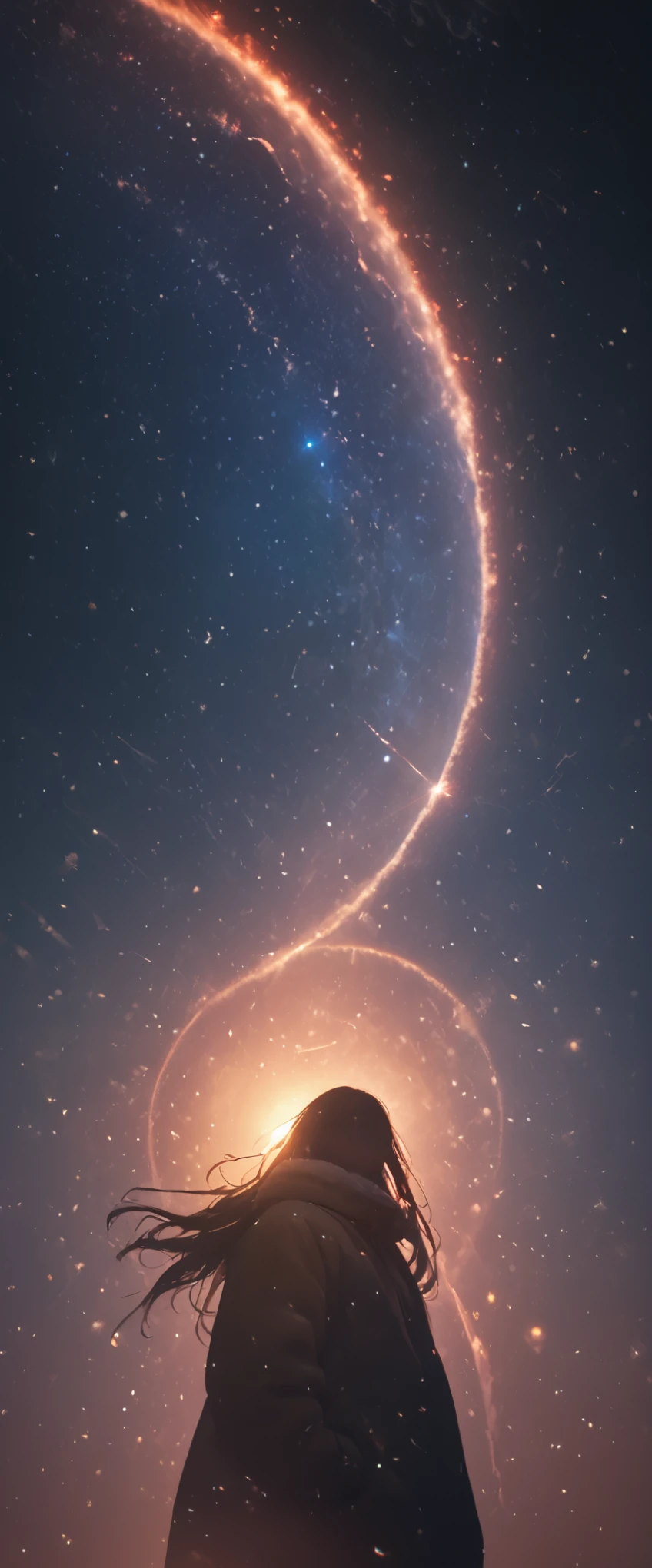 8k,wallpaper of extremely detailed CG unit, ​masterpiece,hight resolution,top-quality,top-quality real texture skin,hyper realisitic,increase the resolution,RAW photos,best qualtiy,highly detailed,the wallpaper,cinematic lighting,ray trace,golden ratio, BREAK ,many stars twinkling in a beautiful bright winter night sky, long exposure starry sky with many circular orbits, silhouette of a cute young woman with long hair with her hands in her coat pockets looking up at it, photo taken from long distance, photo from below, beautiful kaleidoscope multiple exposures overlapping