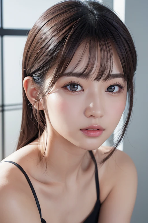 High-quality, ultra-realistic portraits。She has strong eyes and a beautiful face.。The facial contours are sharp、Gives an intelligent impression。Eyes are large、Her deep eyes are impressive、Eye makeup is done in a natural way。The nose is high、In a smooth manner、The lips are natural in colour and have a moderate thickness.。The skin is transparent、Has a healthy glow。Makeup is natural、Use a subtle lip color。The lighting is soft and natural.、Accentuating facial features、Does not emphasize shadows。The background is simple and has a blurred gradient.、Focus on the face。