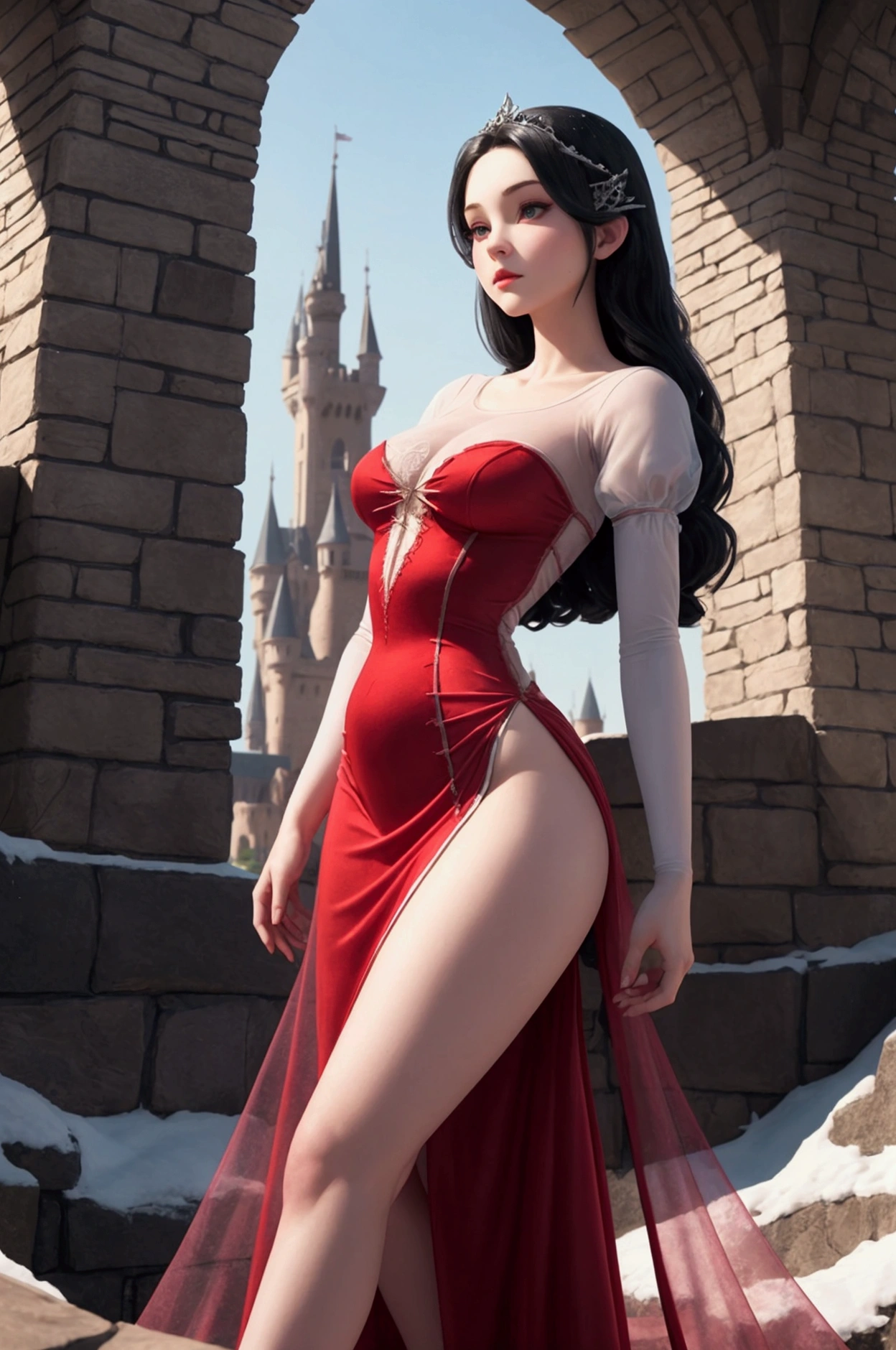rapunzel snow white fused into a tower .Athletic body slim medium breasts medium buttocks long red transparent dress