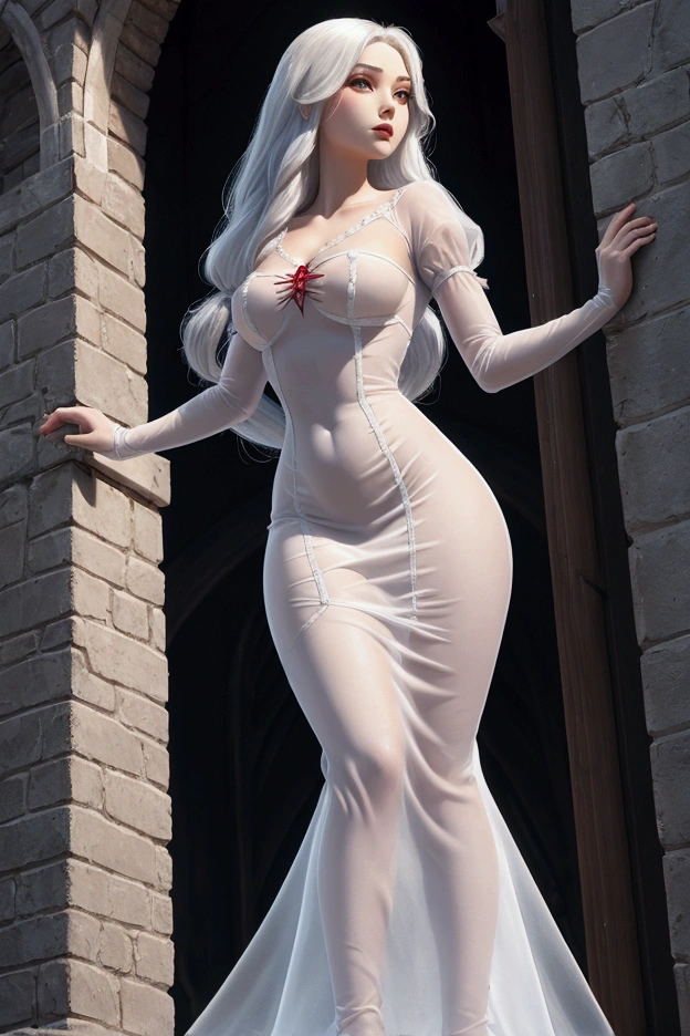 rapunzel snow white fused into a tower .Athletic body slim medium breasts medium buttocks long red transparent dress 