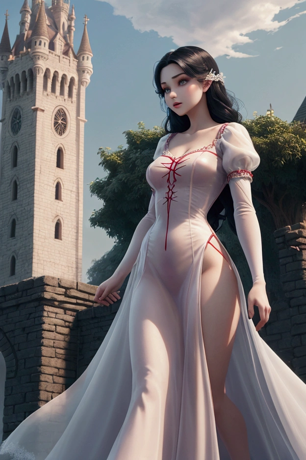 rapunzel snow white fused into a tower .Athletic body slim medium breasts medium buttocks long red transparent dress 