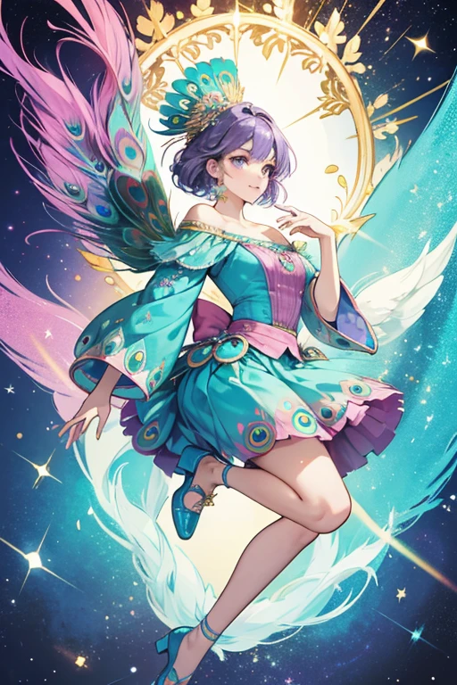 Patter is a light teal peacock with purple hair and peacock feathers.
She wears a blue top with a feather design and pink designed skirt.
She has a gold headpiece and blue shoes. SPARKLE; GLITTER