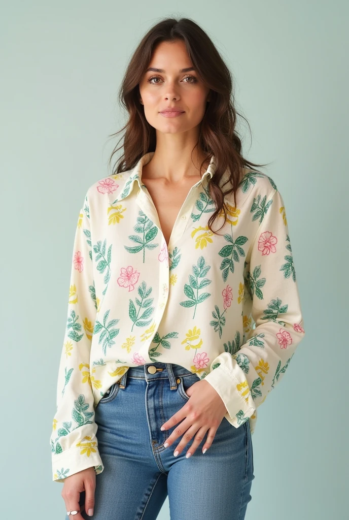 Create an adult white blouse without being formal or sporty written like this "JAEES KIDS of Wisdom" with green colors, Yellow, blue and pink