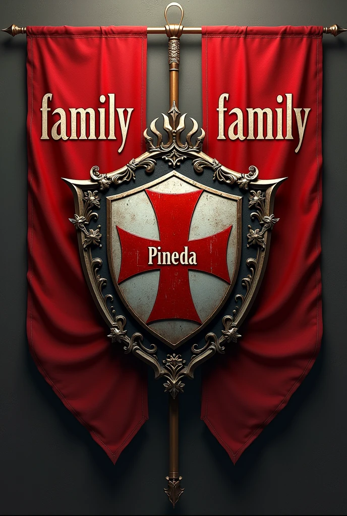 Family war crest with two red flags in the background that say family and the crest says Pineda 