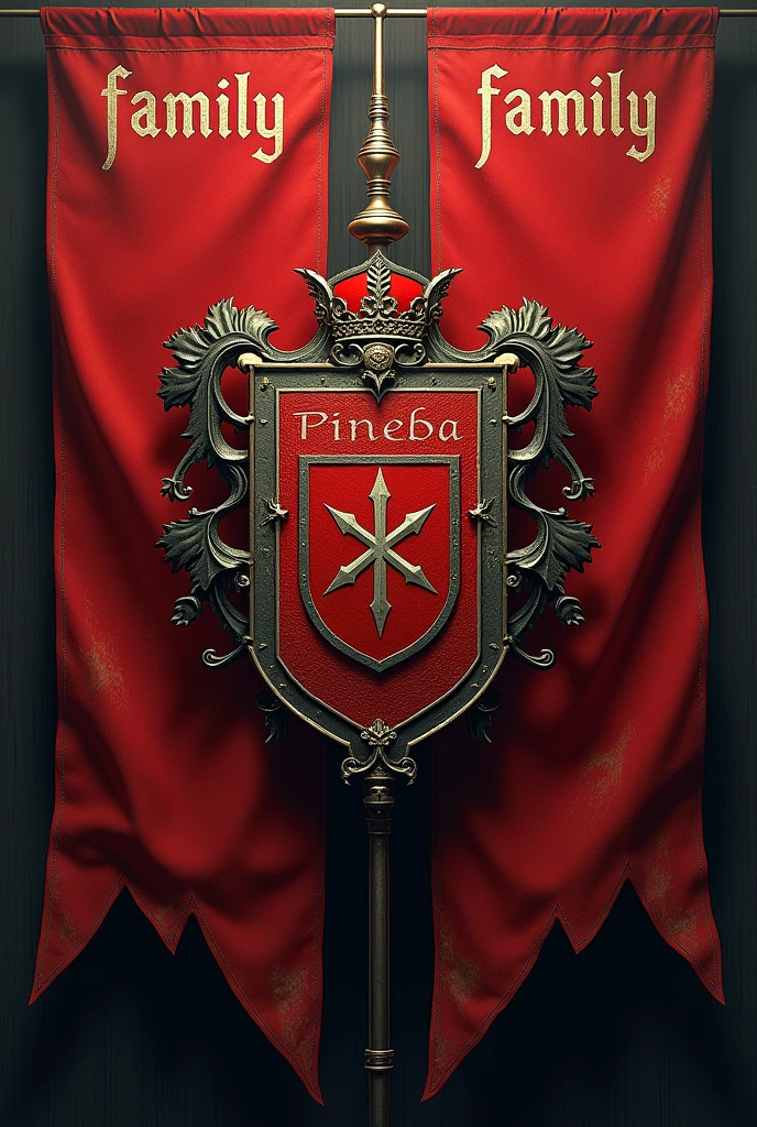 Family war crest with two red flags in the background that say family and the crest says Pineda