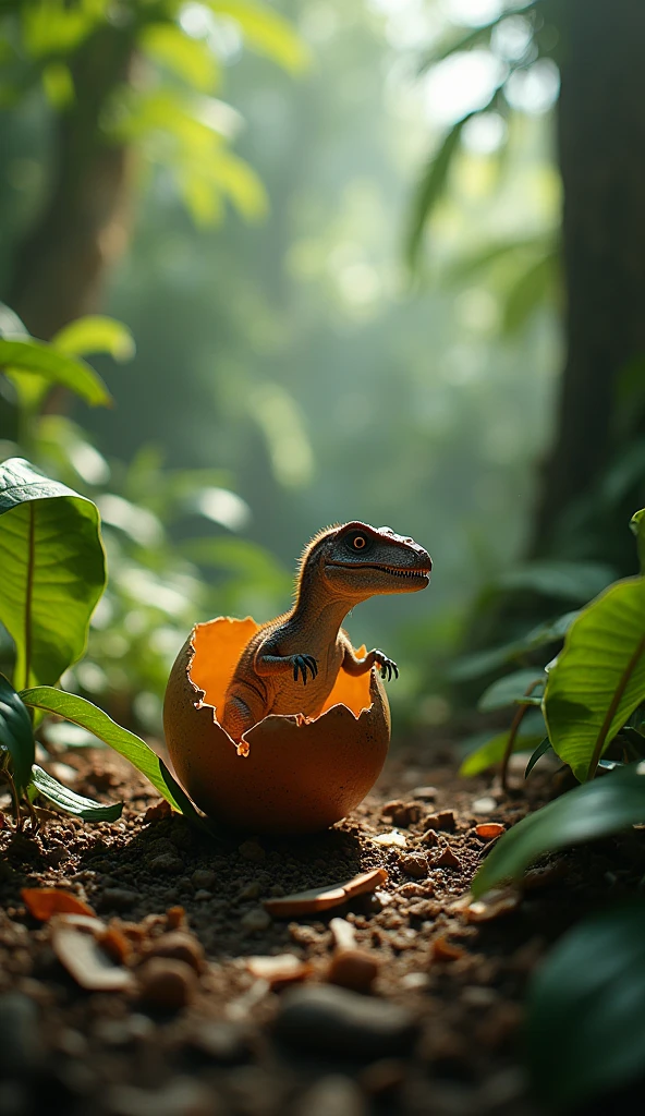 Velociraptor Egg Split Dinosaur, background jungle Africa big leaves,( 85mm f/1.4), cinematic lighting,