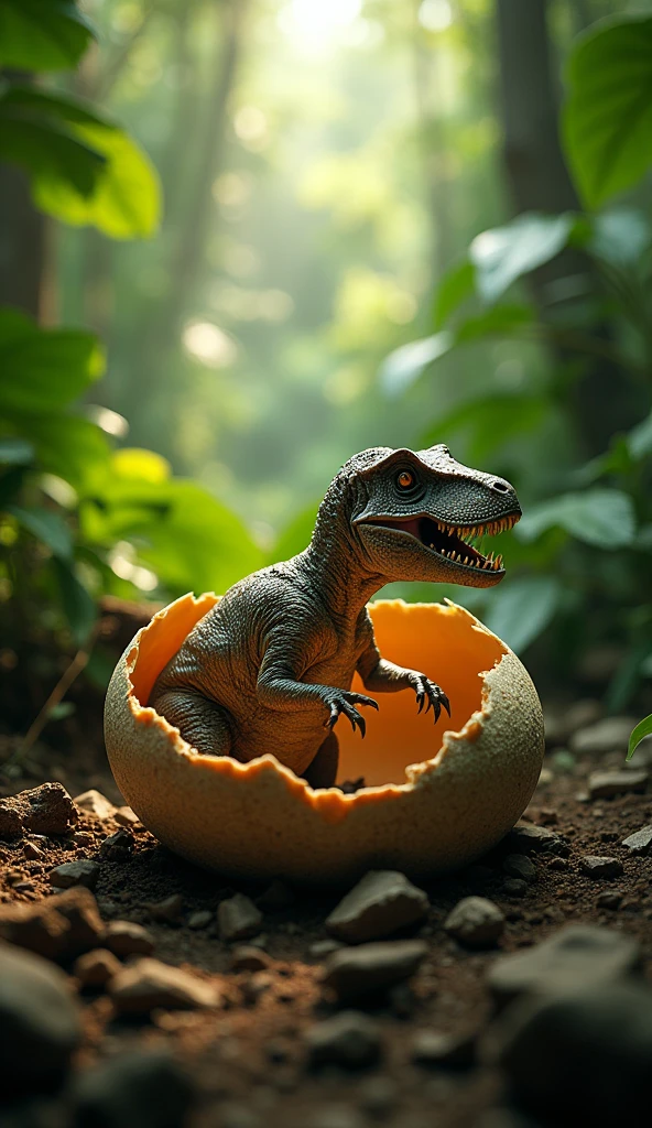Velociraptor Egg Split Dinosaur, background jungle Africa big leaves,( 85mm f/1.4), cinematic lighting, 
