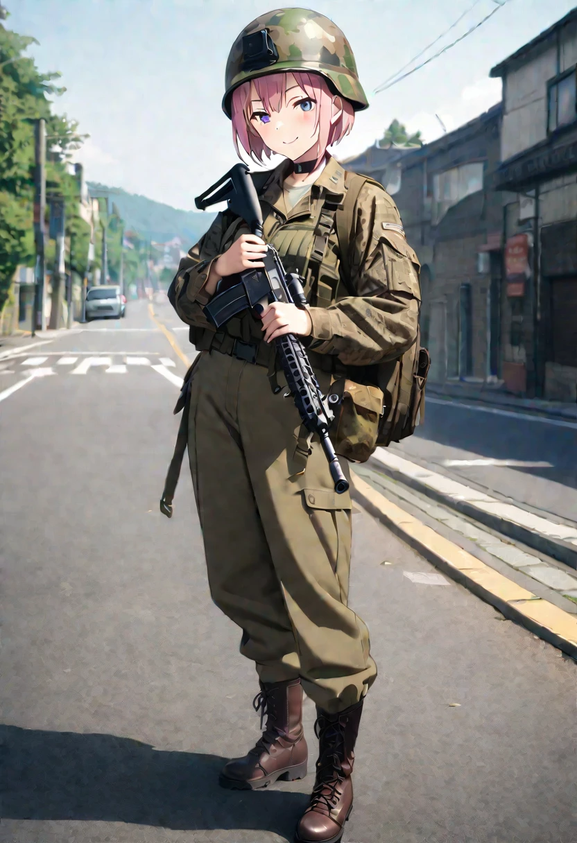 (Highest quality, 4K, 8k, High resolution, masterpiece:1.2), Very detailed, Picturesque, Anime-style photos, Photo animation:1.37)、Japanese、(Pink Hair)、(Pixie Cut)、smile、trench、Black choker、Camouflage jacket、Camouflage 、Camouflage helmet、Lace-up boots、Assault rifle、Full body photo、Nakano Ichika