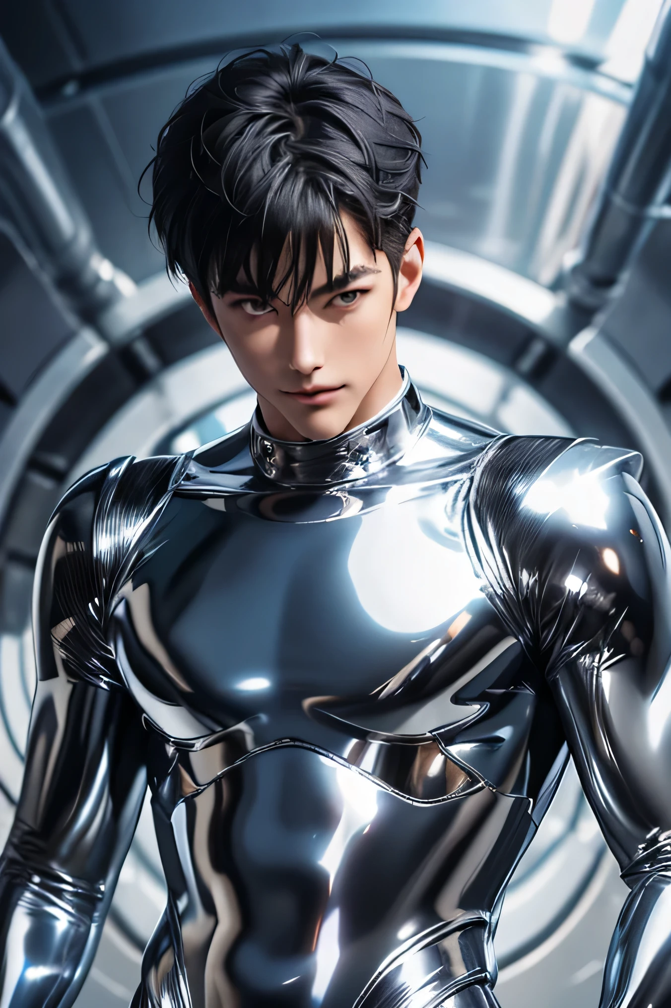 Handsome Japanese male models 22 years old smile Black Hair Short cut Short bangs looking at the camera Shiny full-body silver suit Shiny silver latex suit Mega Bulge looking at the camera future world Upper body close-up Face close-up