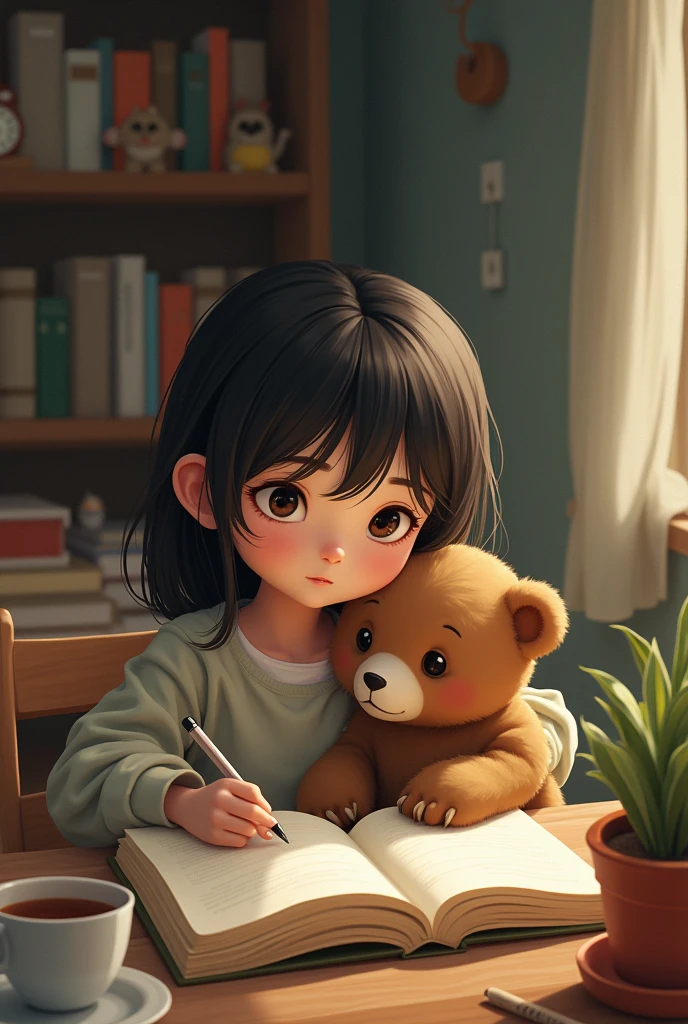 I need a lofi image where a young girl studies inside her room and has a bear cub next to her