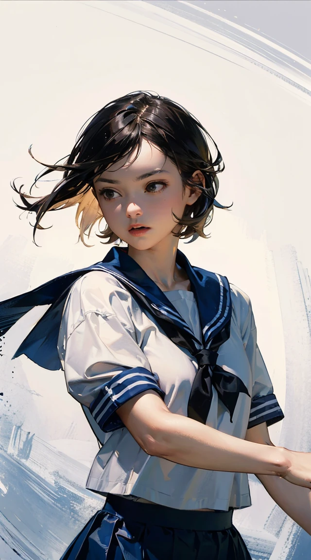 Holding a sword、Ultra-high resolution、((masterpiece)))、(((highest quality)))、((Super detailed))、((Very delicate and beautiful))、Low angle shooting、1 girl、solo、short hair、(whole body)、A tense shot、Visual Impact、Pleated skirt、Realistic Face、Realistic Skin、Cute face,Pure,Combat Stance、Visual Impact,Powerful movement,Sailor suit