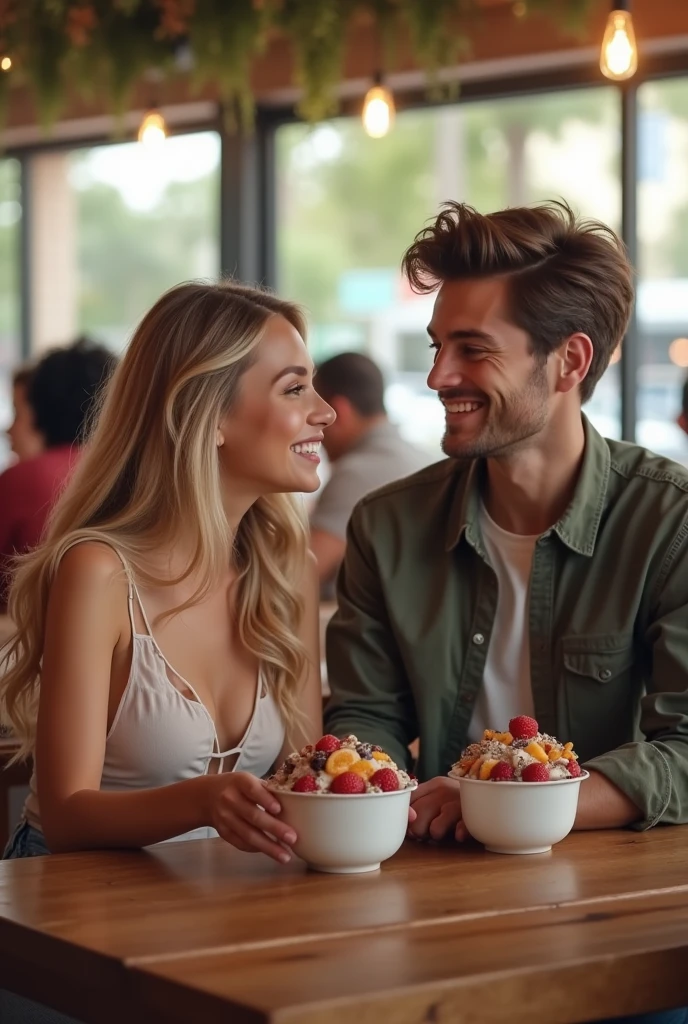 Man and realistic girlfriend , At the acai shop ,blonde hair eating acai , with friends Ultra HD, high qualiy, best qualityer, high resolution, 8k, 16K

