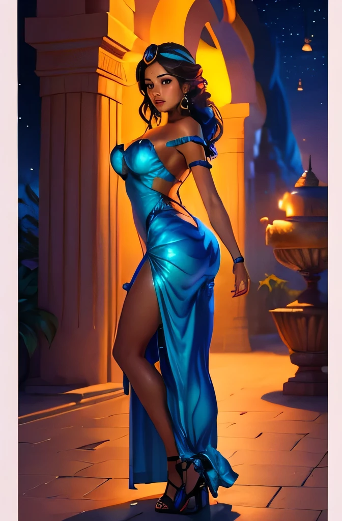 jasmine, dark-skinned female, pale skin, multi-tied hair, night sky, long hair, full length blue maxi dress, legs slit, high hells, large breasts, large ass, full body shot, facing viewer, looking seductively at viewer, standing up, full body shot, Princess Jasmine, surrounded by lush gardens and Arabian architecture, (Agrabah:1.1), Arab architecture, Disney style, magical lighting, enchanting atmosphere, Digital artwork, Resolution: 4k, cinematic view, scenic perspective, (best quality:1.2), (masterpiece:1.3), (high resolution:1.3), 