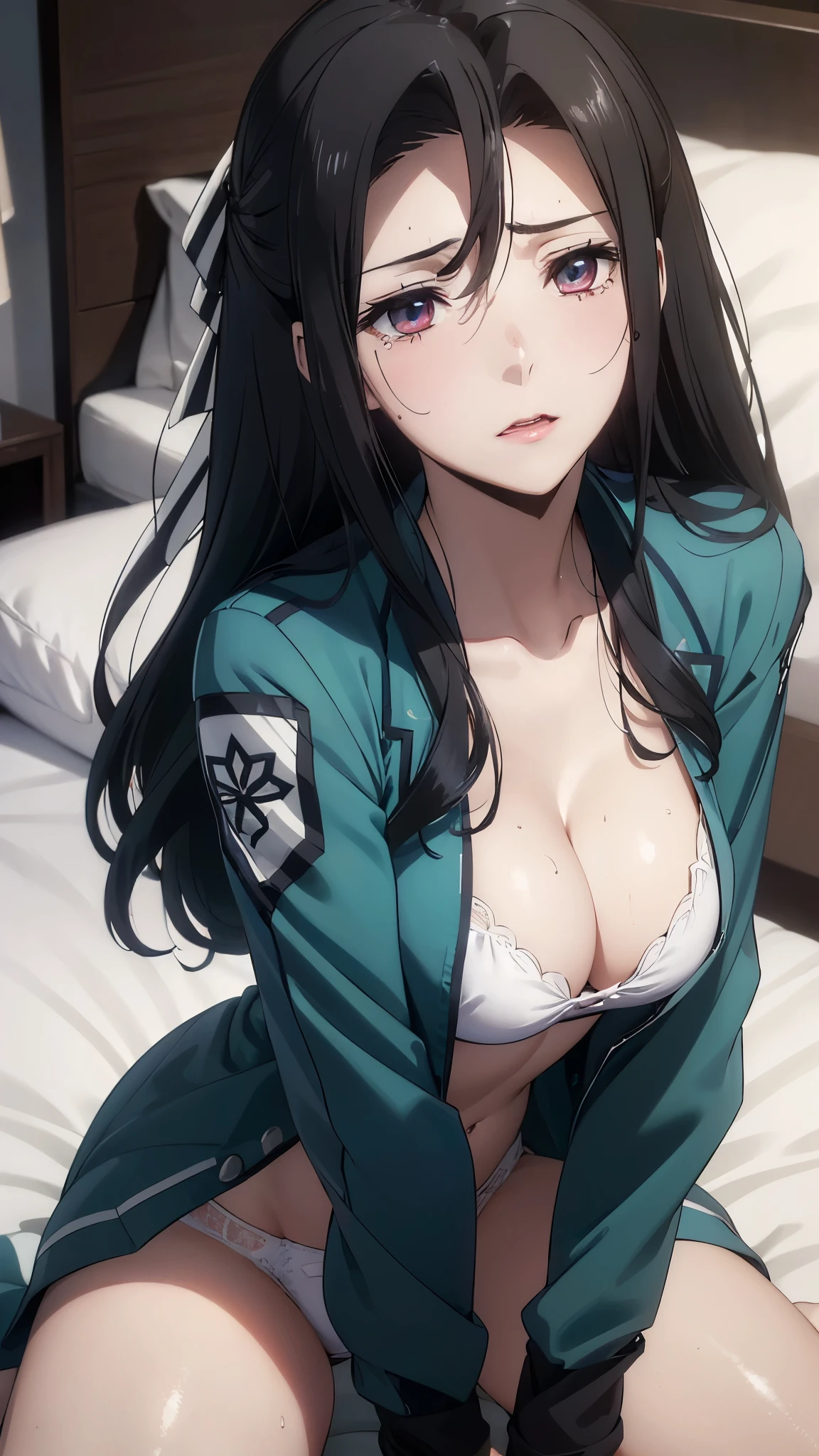 1 personの, alone, masterpiece, Highest quality, The Irregular at Magic High School, Mayumi Saegusa,Mayumi Saegusa, iris, Red eyes, eyelash, Black Hair, Long Hair, Back ribbon,High School Uniform, green jacket, cropped jacket, open jacket, Long sleeve, (masterpiece: 1.3), (Maximum resolution: 1.2), (Ultra High Definition TV: 1.2), Cinematic Light, 8k resolution, Detailed facial features , (Sharp focus: 1.2), (Focus on the face:1.2),Perfect Style, Beautiful Face, Acura, Anatomically correct, Highly detailed face and skin texture, Beautiful Eyes,Beautiful Eyes, Thin eyebrows, Natural Cheeks, Glowing Skin, Fair skin: 1.2, (Glossy Lips: 1.4),、 (Embarrassed look: 1.2),Highly detailed face and skin texture, Natural Cheeks, , Glossy Lips: 1.4,Perfect Style、Cleavage、Soft Breasts、(Semen on chest:1.6)(Cum on thighs 1.5)、 Overflowing sperm、Drenched in sweat、Wet clothes、blush、A humiliating look、Anxious expression、Frightened expression、Embarrassed look、Glare、anger、sorrow、tears、(Open your knees:1.5)、(Spread your legs:1.5)、 White underwear、Disheveled clothes、sweating、Thin underwear、18-year-old、 clear, A clean-cut woman,1 person、 Upward-facing chest, Black Hair、blue eyes、Beautiful Eyes、Torn clothing、(masturbation behavior:2.0)、At the bed、(On my back、At the bedLying down、Lying down、White sheets:1.7)、avert your eyes、