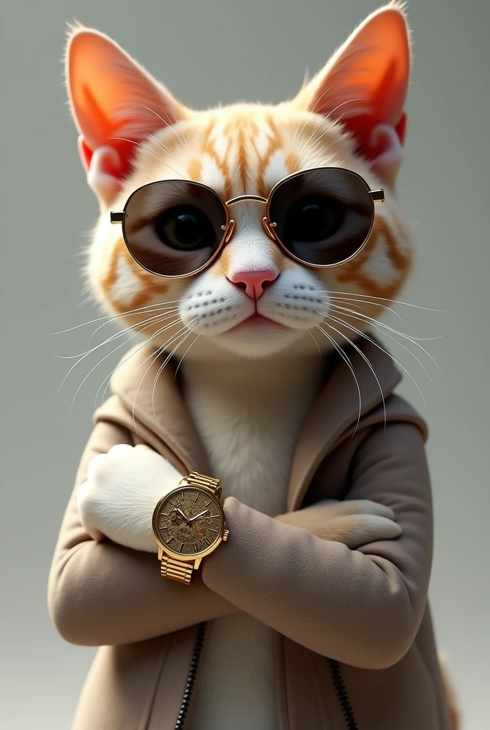 Cat wearing sunglasses and gold watch in 3D
