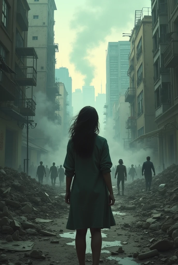 A woman with her back turned looking at a scene of destruction where unknown people are (book cover)