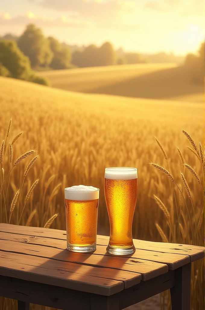 A barley field with a table and glasses of beer