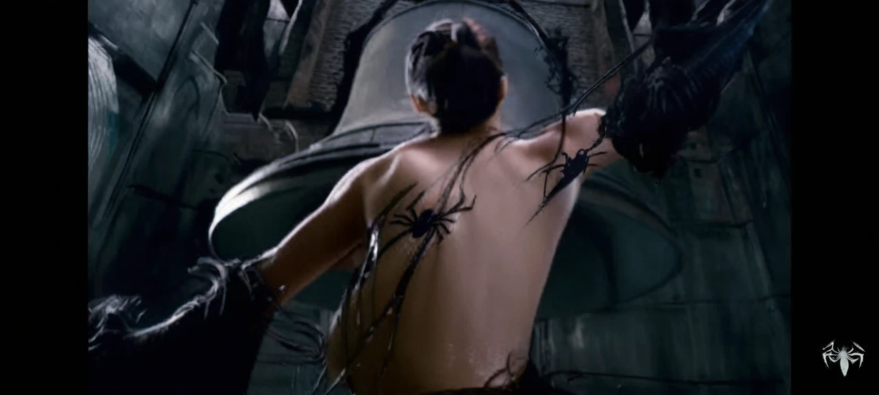 Jenna ortega furious anger tearing the black goo symbiote , Female One, black hair , long hair, 1 girl, symbiote tendrils, Spider-Man 3, realistic styling, slim body shape, corpo Female One ????, woman ????, bell tower background, woman screaming, beautiful woman screaming, backview