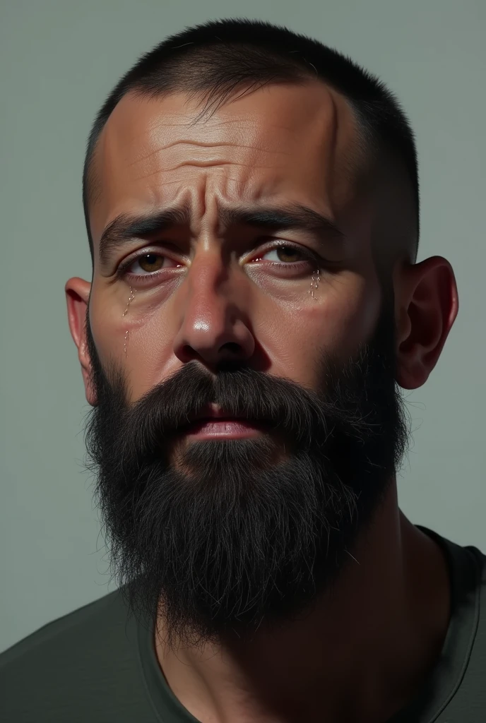 a man with a short beard that covers his entire chin to half his cheek and with short hair, medium dark skin crying
